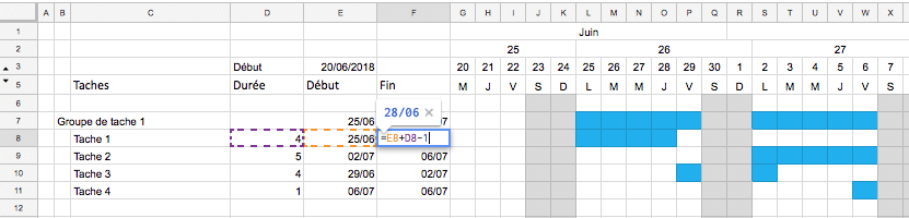Création d'un planning Excel : Formule date de fin