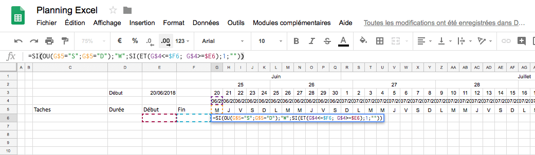 Création d'un planning Excel : Formule pour le diagramme de Gantt