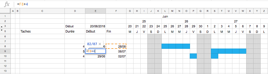 Création d'un planning Excel : Lien fin à début