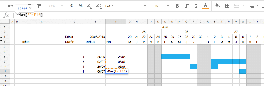 Création d'un planning Excel : Lien Fin Fin avec plusieurs antécédents