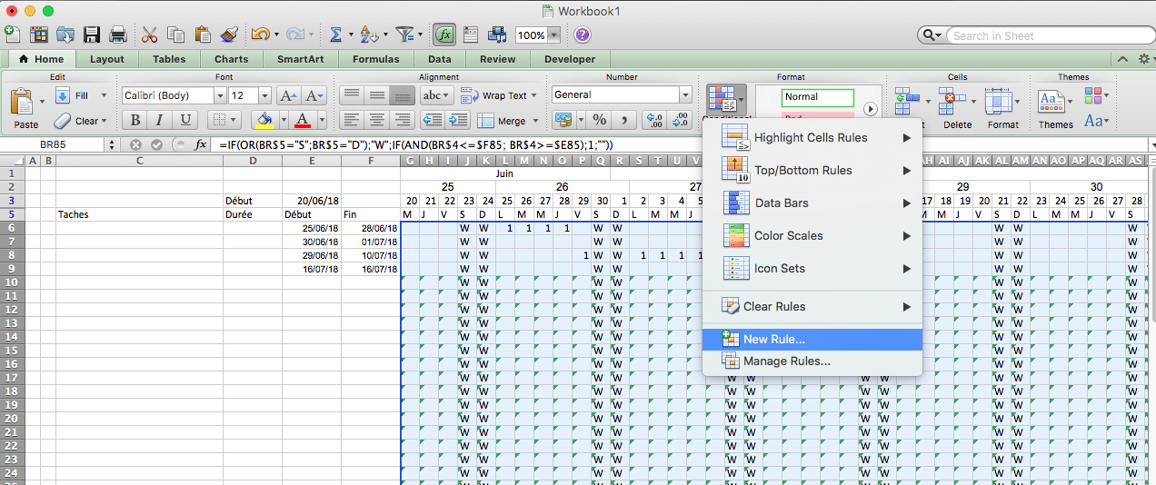 Création d'un planning Excel : Mise en forme conditionnel dans Excel