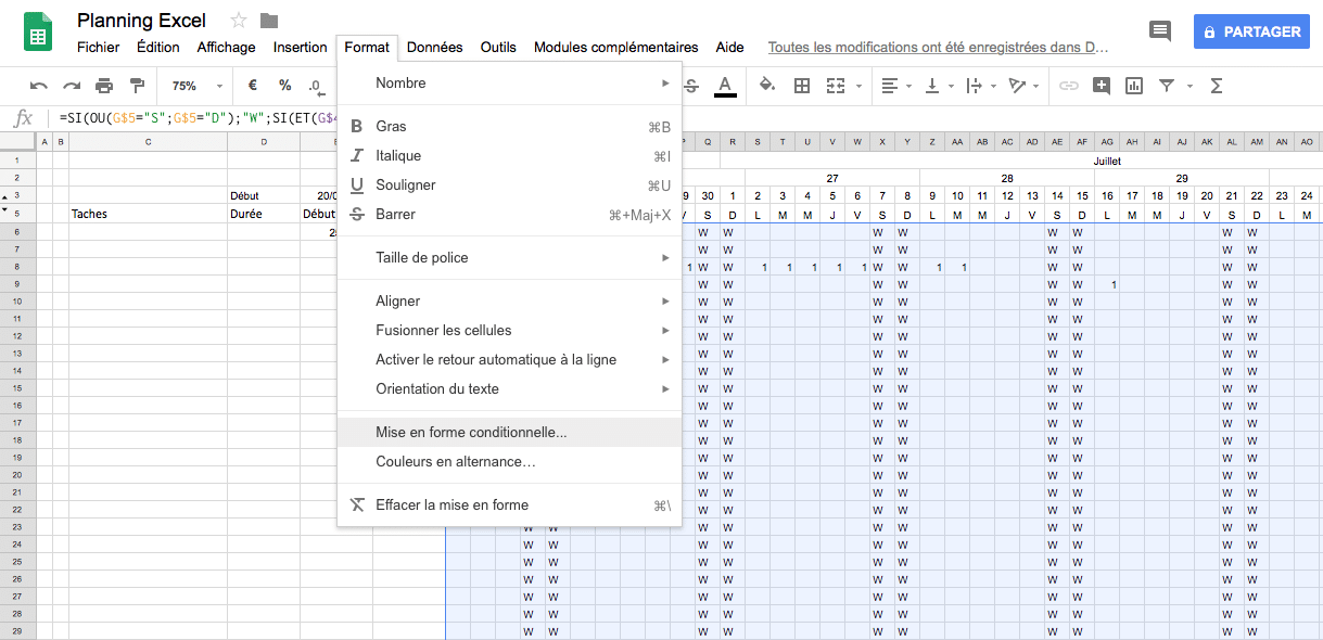 Création d'un planning Excel : Mise en forme conditionnel dans Google Sheets