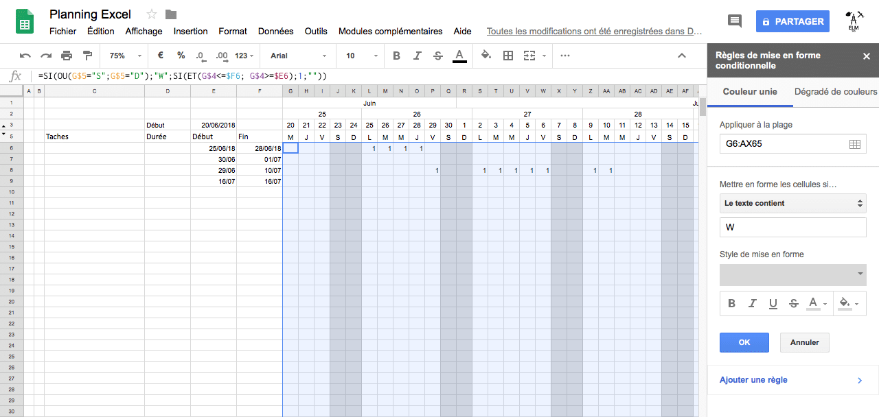 Création d'un planning Excel : Première règle de mise en forme avec Google Sheets