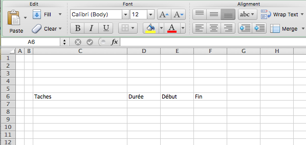 Création d'un planning Excel : mise en place des colonnes