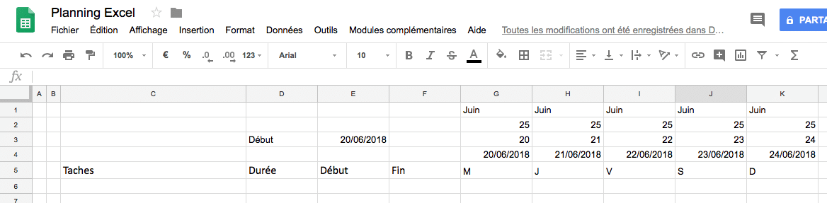 Création d'un planning Excel : affichage de la date