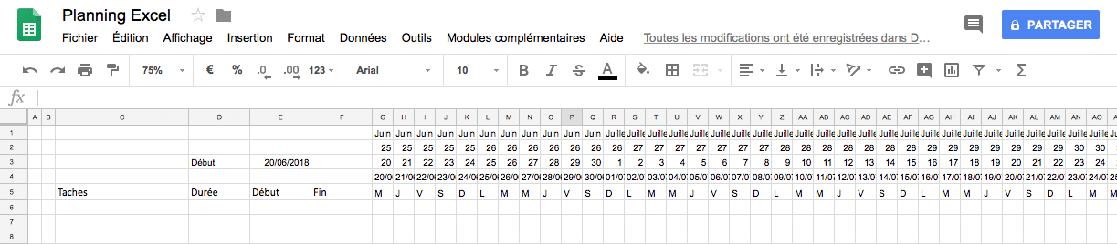 Création d'un planning Excel : mise en forme du calendrier