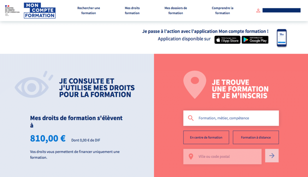 Ecran d'accueil Mon Compte Formation indiquant les droits à la formation