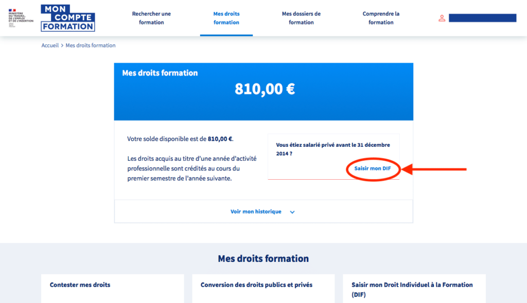 Ecran Mes droits formation - Où cliquer pour saisir ses heures DIF