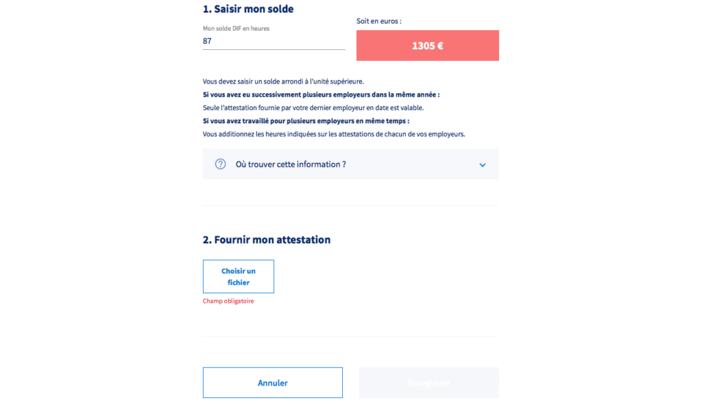 Saisie du solde d'heure DIF réalisé et attestation à fournir.