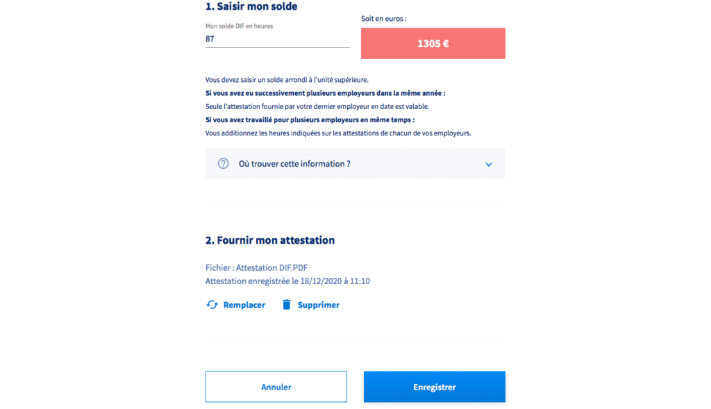 Saisie du solde d'heure DIF réalisé et attestation jointe