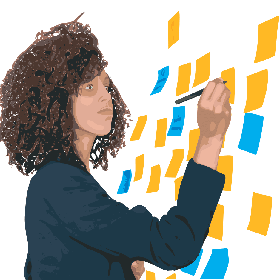 Image stylisé d'une cheffe de projet écrivant sur un post-it au Mur