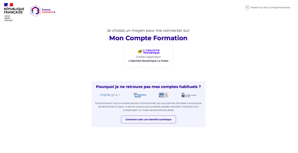 Page de choix des dispositifs de connexion FranceConnect+