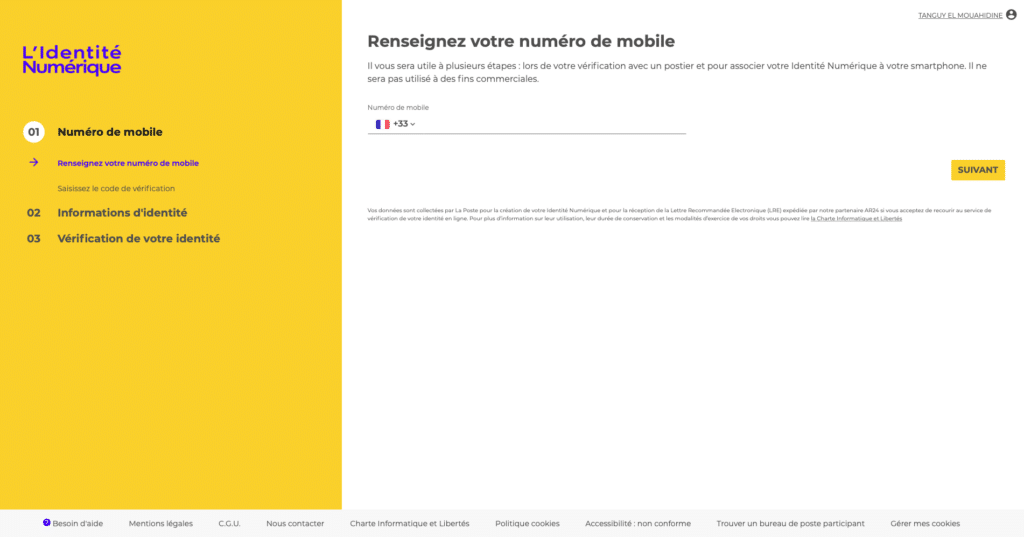 Interface de saisie du numéro de téléphone pour l'identité Numérique La Poste.