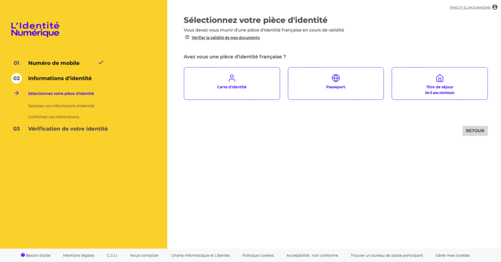 Page de choix de la pièce d'identité pour la création de l'Identité Numérique La Poste.