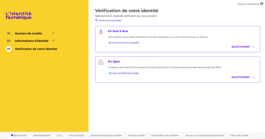 Page de choix du mode de vérification de l'identité. 