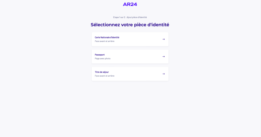 Page de choix de la pièce d'identité pour la vérification. 