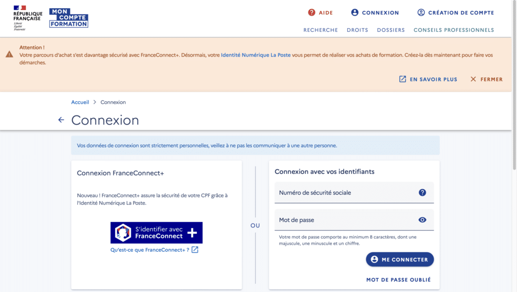 Page de connexion de Mon Compte Formation