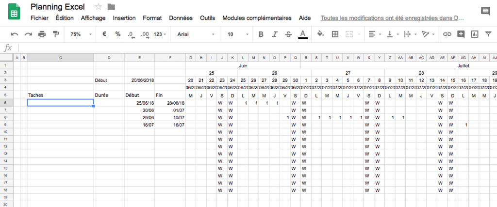Création d'un planning Excel : le diagramme de Gantt sans mise en forme