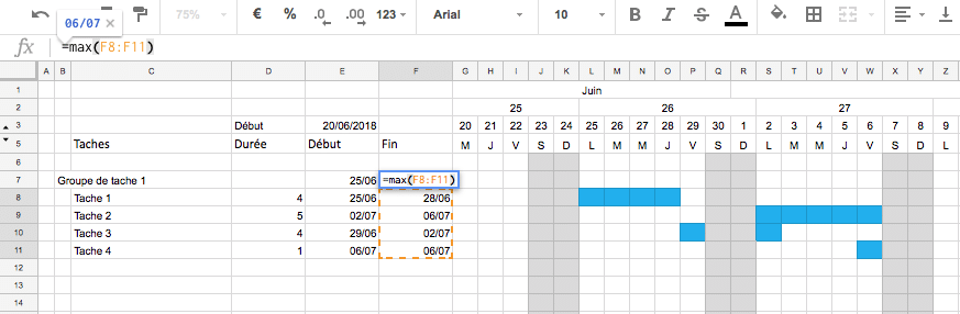 Création d'un planning Excel : Formule de la date de fin pour un groupe de tâche